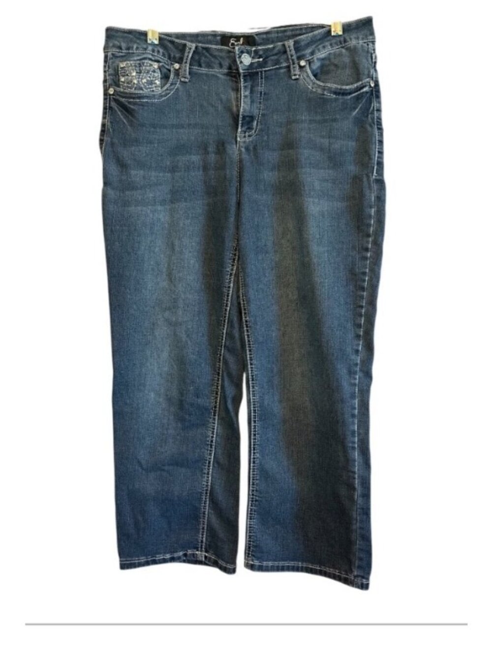 Earl Jean Denim Cropped Embellished Rhinestone & Lace Jeans Size 12